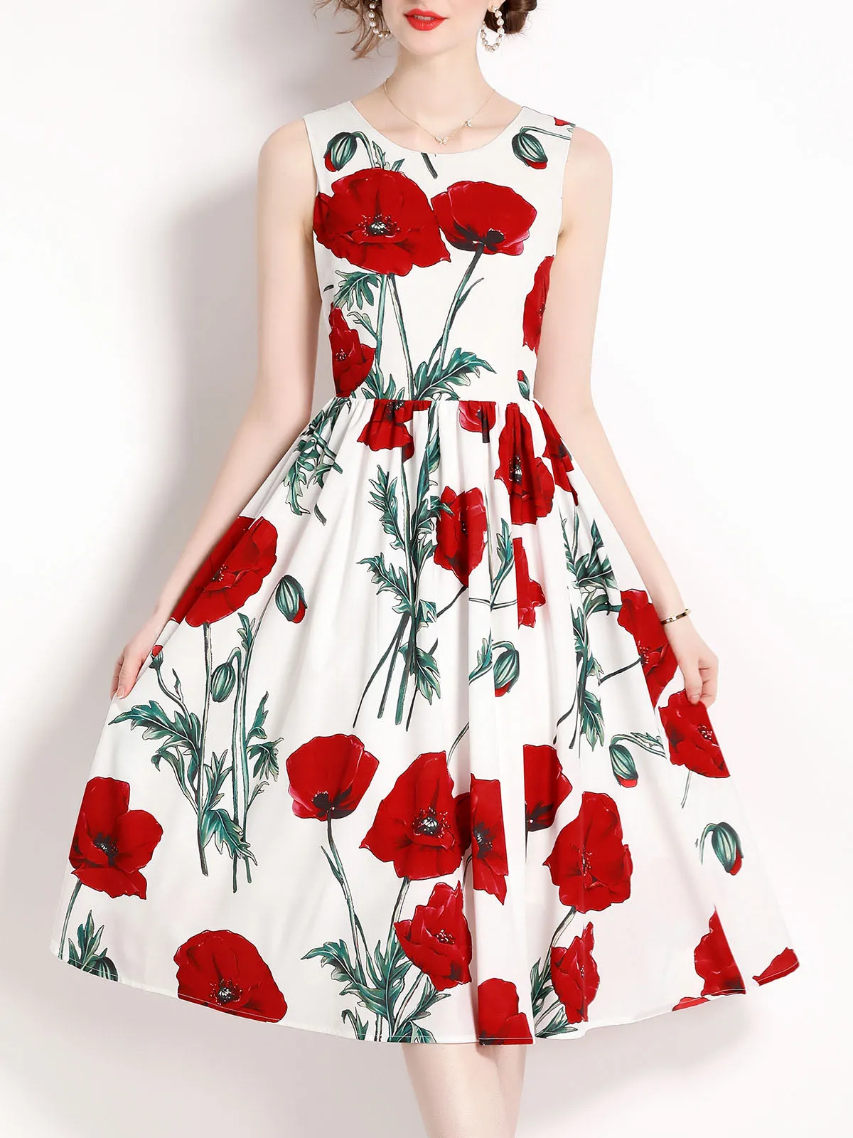 Sleeveless Vintage Hepburn Style Floral Printed High Waist Party Dress