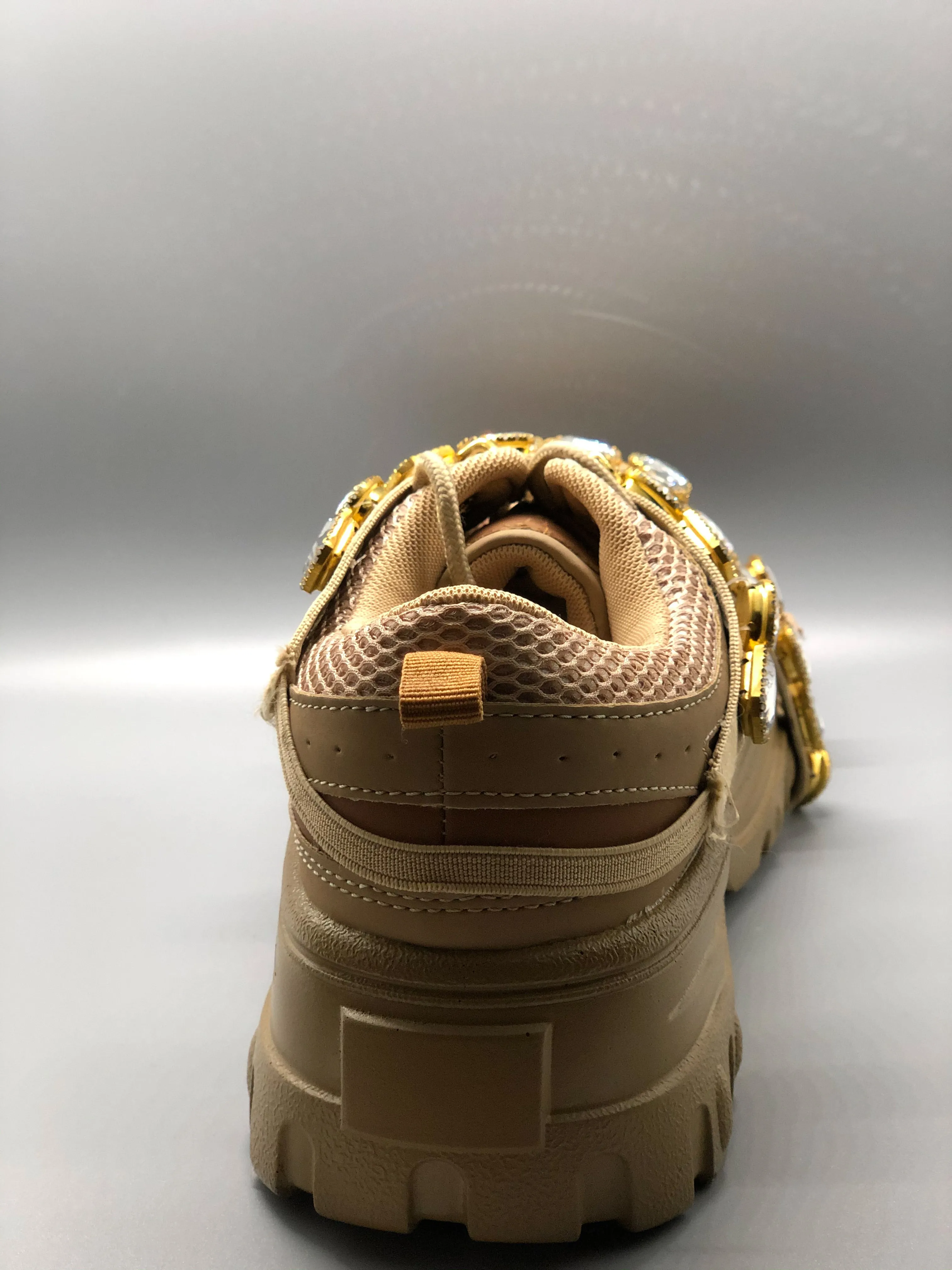 Tan Mesh Trim Jeweled Straps Lug Sole Sneaker