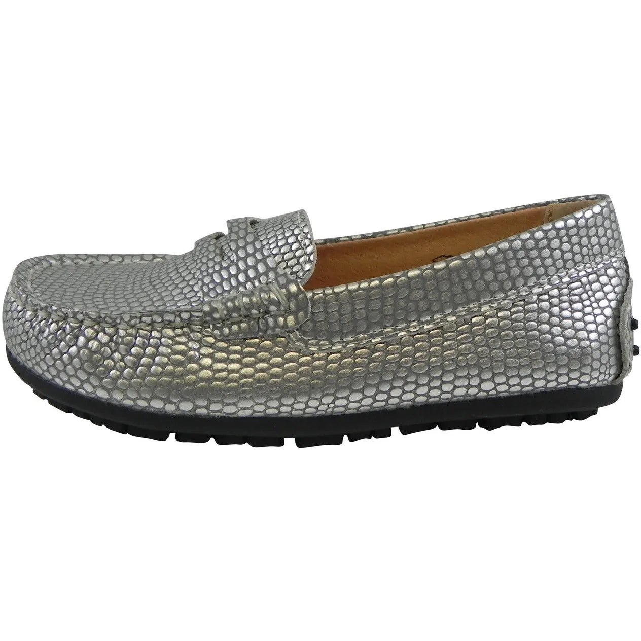 Umi Girl's Mariel Snake Print Slip On Moccasin Loafer Shoe Flats Silver