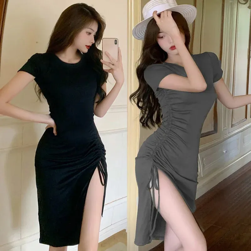 Women's Wrap Hip Dress Summer Drawstring Ruched Short Sleeve Slit Hem Bodycon Dress